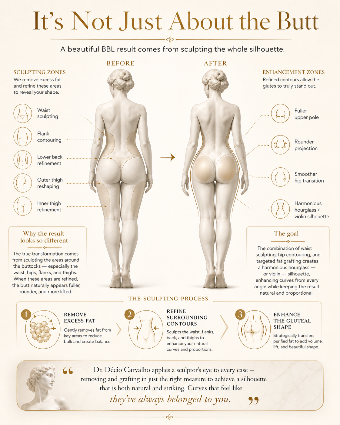 Brazilian Butt Lift before and after illustration: how fat transfer and waist sculpting reshape the silhouette.