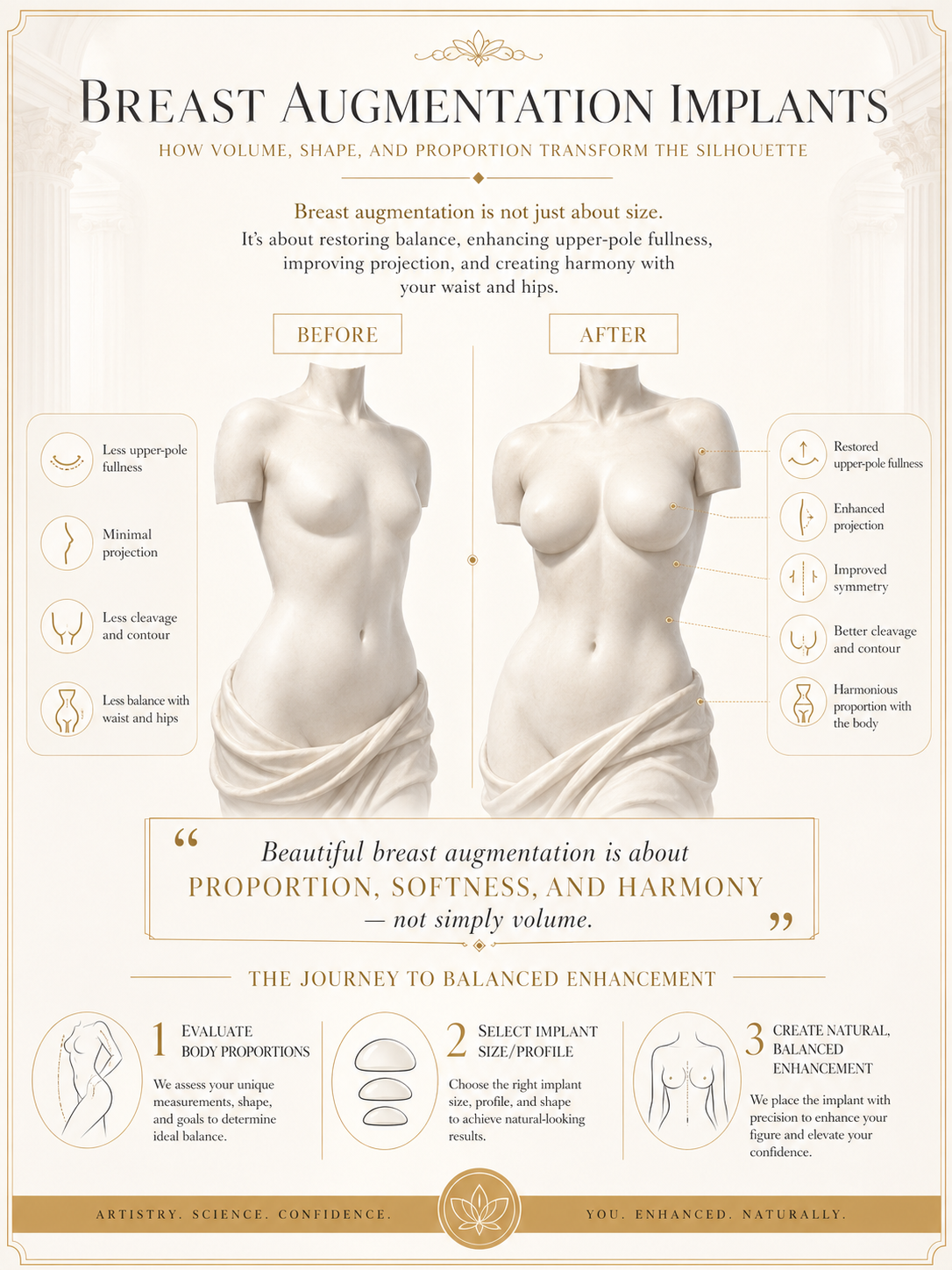 Breast augmentation before and after illustration: how implants restore fullness, projection, and proportion.